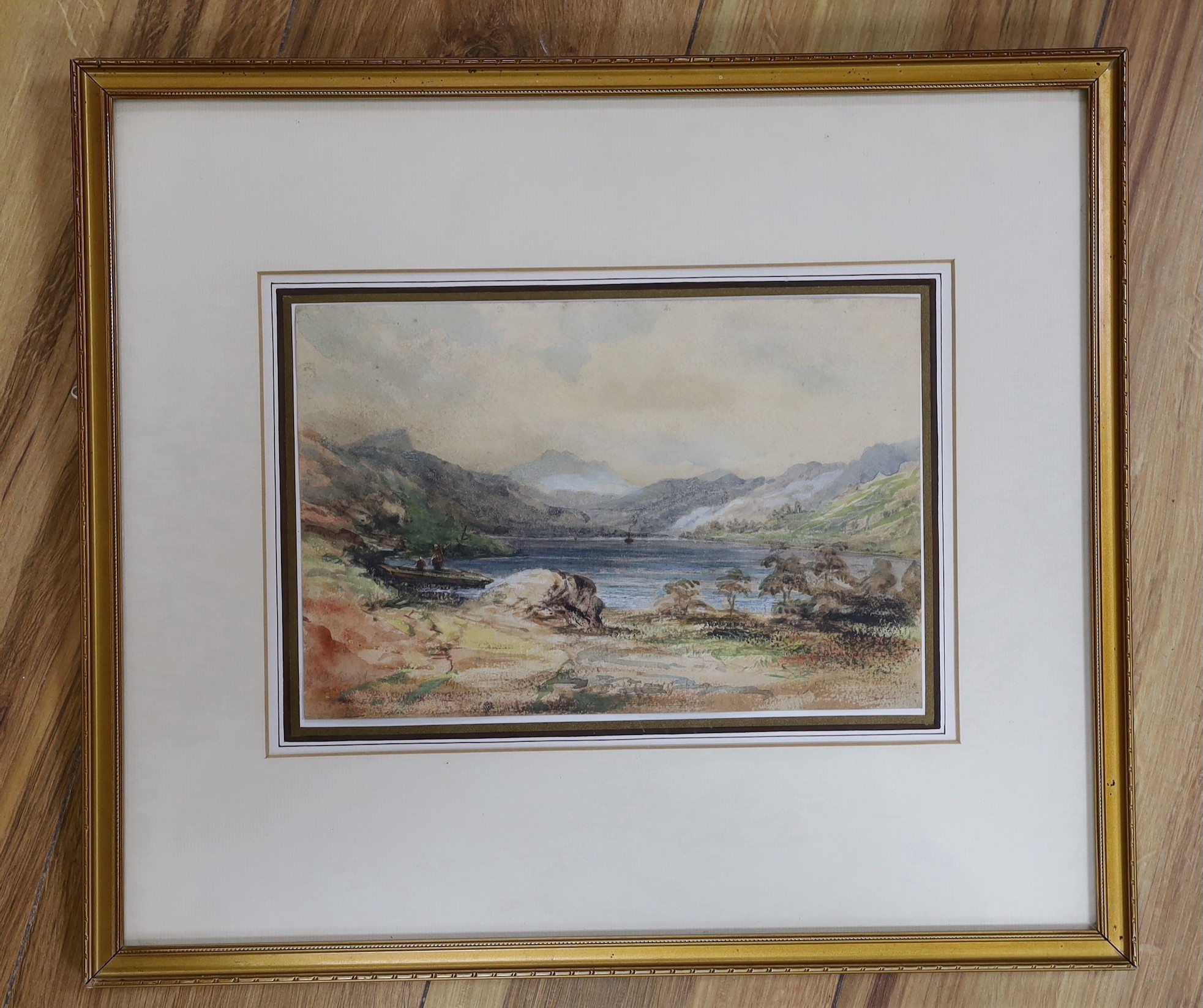 Sir Alfred East RA (1849-1913), watercolour, Lake scene with distant steamer, signed, 16 x 24cm